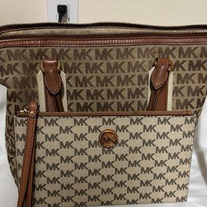 Michael Kors Tan and Brown MK Logo Messenger Bag with Wristlet Pouch